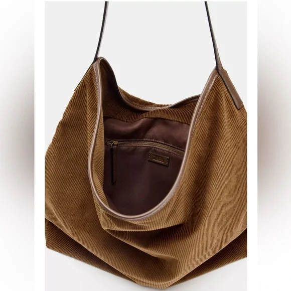 Zara Corduroy Effect Hobo Shoulder Tote Bag Brown NWT - Picture 6 of 7